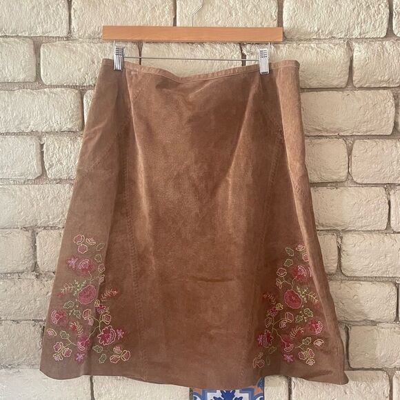 J. Jill Dresses & Skirts - J. Jill Brown A-Line Leather Skirt with Floral Embroidery